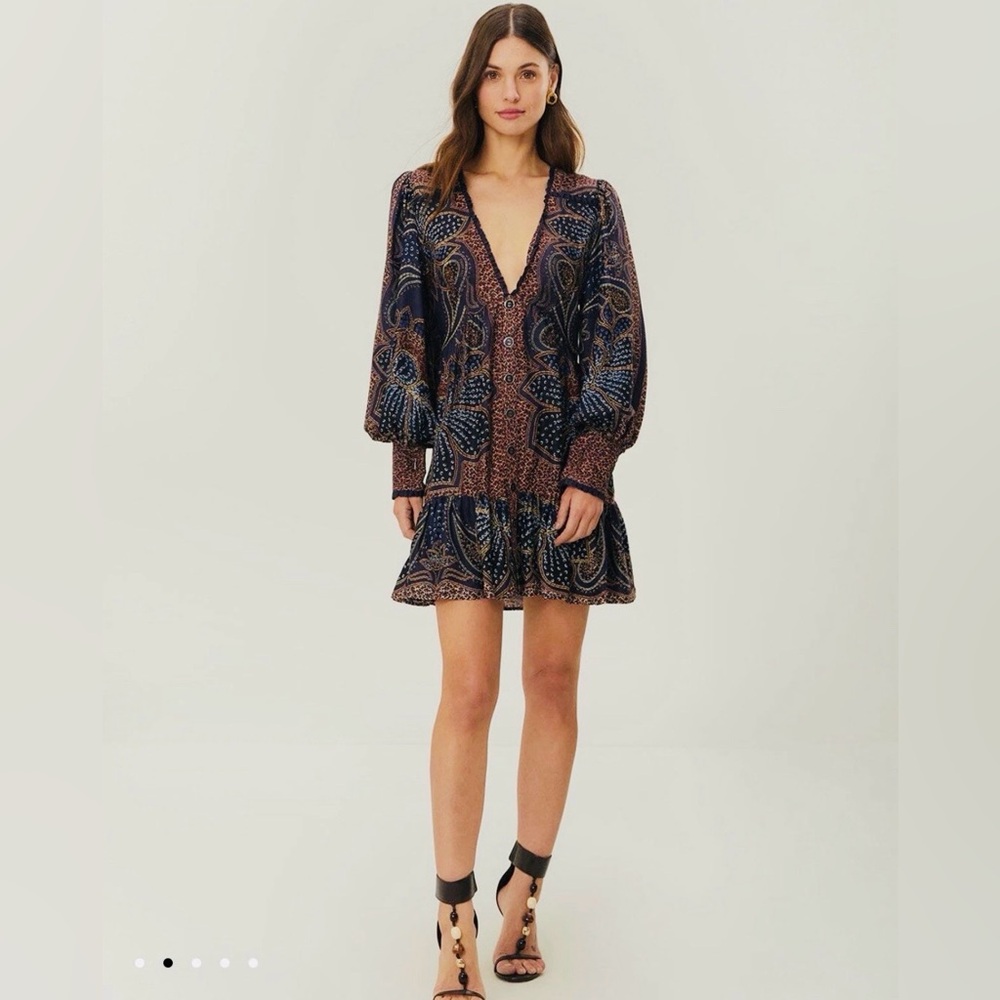 FARM Rio Navy and Brown Paisley Long Sleeve Mini Dress